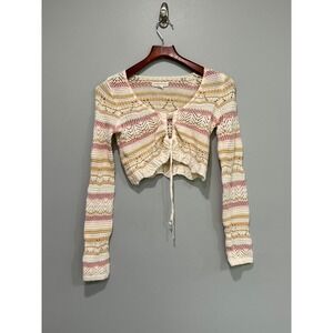 Aeropostale‎ Crochet Knit Crop Top Tie Front Long Sleeve Striped - Size S